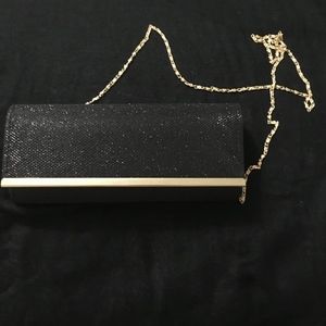 Black Sparkle Clutch with Gold Accents Chain Strap